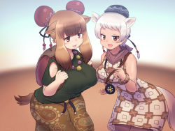 Rule 34 | 2girls, animal ears, asymmetrical docking, backpack, bactrian camel (kemono friends), bag, blurry, blurry background, breast press, breasts, brown eyes, brown hair, bun cover, camel ears, camel tail, day, desert, double bun, dress, dromedary (kemono friends), extra ears, green shirt, grey hair, hair bun, hand up, hands up, highres, horizontal pupils, jewelry, jitome, kemono friends, large breasts, leaning forward, long hair, looking at viewer, mo23, multiple girls, official alternate costume, open mouth, outdoors, outstretched arm, pendant, print dress, print skirt, sand, shirt, short dress, short hair, short sleeves, sidelocks, single hair bun, skirt, smile, tail, tan