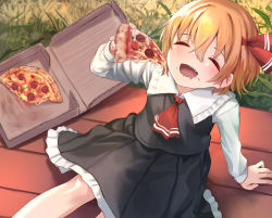 Rule 34 | 1girl, black skirt, black vest, blonde hair, blush, collared shirt, drooling, closed eyes, fang, food, food on face, hair between eyes, hair ribbon, holding, holding food, long sleeves, mouth drool, open mouth, pizza, pizza box, pizza slice, red ribbon, ribbon, roke (taikodon), rumia, shirt, short hair, sitting, skirt, smile, solo, touhou, vest, white shirt