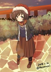 Rule 34 | 10s, 1girl, absurdres, akiyama yukari, arms behind back, black shirt, blush, boots, brown eyes, brown footwear, brown hair, brown skirt, bush, casual, closed mouth, coat, commentary request, dated, full body, girls und panzer, green coat, hat, highres, holding, long skirt, looking at viewer, messy hair, one-hour drawing challenge, open clothes, open coat, outdoors, pants, pants under skirt, plaid, plaid scarf, railing, red hat, red scarf, scarf, shiina excel, shirt, short hair, skirt, smile, solo, standing, stone floor, twitter username, winter clothes