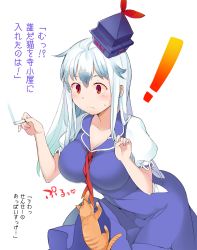 Rule 34 | !, 1girl, bent over, blue dress, blue hair, blush, breasts, cat, chalk, dress, hat, highres, image sample, kamishirasawa keine, large breasts, long hair, puffy sleeves, red eyes, ribbon, saryuu (iriomote), short sleeves, simple background, solo, sweatdrop, text focus, touhou, translation request, white background