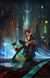 Rule 34 | 1girl, boots, closed eyes, cyberpunk, feathers, highres, huge weapon, igor artyomenko, long coat, md5 mismatch, motor vehicle, motorcycle, red (transistor), red hair, resized, resolution mismatch, short hair, sword, the transistor, thigh boots, thighhighs, transistor (game), upscaled, vehicle, weapon