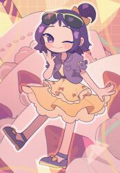 Rule 34 | 1girl, ;), alternate costume, birthday cake, blush, cake, chinese commentary, closed mouth, commentary request, dress, eyewear on head, food, fruit, fukaro, full body, hand up, highres, jacket, looking at viewer, ojamajo doremi, one eye closed, one side up, purple eyes, purple hair, purple jacket, segawa onpu, shoes, short hair, short sleeves, smile, solo, standing, strawberry, sunglasses, yellow dress