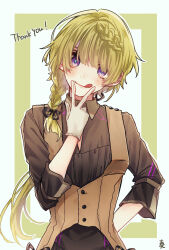Rule 34 | 1boy, aiaiharuharu, androgynous, blush, braid, closed mouth, dahut (shuuen no virche), green background, highres, light green hair, long hair, low ponytail, male focus, multicolored background, purple eyes, shuuen no virche, smile, solo, thank you, tongue, tongue out, white background