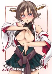 Rule 34 | 1girl, ahoge, black undershirt, blush, breasts, brown hair, clothes lift, cowboy shot, detached sleeves, flipped hair, frilled skirt, frills, green skirt, grey eyes, headgear, hiei (kancolle), hiei kai ni (kancolle), japanese clothes, kantai collection, large breasts, lifted by self, no bra, nontraditional miko, plaid, plaid skirt, ribbon-trimmed sleeves, ribbon trim, shirt lift, short hair, skirt, solo, standing, udukikosuke