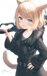 Rule 34 | 1girl, :d, animal ears, warrior of light (ff14), black jacket, black shirt, blue eyes, blush, braid, cat ears, cat girl, cat tail, crown braid, ear piercing, facial mark, fang, fictional persona, final fantasy, final fantasy xiv, fingernails, fur-trimmed jacket, fur trim, gunbreaker (final fantasy), hand on own hip, highres, holding, holding sword, holding weapon, jacket, kanora, light brown hair, long sleeves, looking at viewer, miqo&#039;te, nail polish, open mouth, over shoulder, piercing, pink nails, shirt, simple background, sleeves past wrists, smile, solo, sword, sword over shoulder, tail, thank you, weapon, weapon over shoulder, whisker markings, white background, wide sleeves