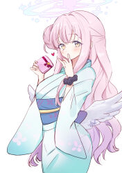 Rule 34 | 1girl, absurdres, angel wings, aqua kimono, ash (cat7evy), blue archive, blush, feathered wings, gift, hair bun, halo, heart, highres, holding, holding gift, japanese clothes, kimono, long hair, long sleeves, looking at viewer, mika (blue archive), obi, pink hair, pink halo, sash, simple background, single side bun, solo, white background, white wings, wide sleeves, wings, yellow eyes