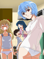 Rule 34 | 1boy, 3girls, anger vein, apple2e, ass, ayanami rei, blood, blood from mouth, blue hair, blush, breasts, brown hair, closed eyes, condom, condom packet strip, condom wrapper, covered erect nipples, groin, hand on shoulder, ikari shinji, katsuragi misato, kitchen, long hair, looking back, medium breasts, multiple girls, neon genesis evangelion, no pants, no pupils, open mouth, panties, profile, red eyes, shirt, short hair, small breasts, smile, souryuu asuka langley, striped clothes, striped panties, surprised, t-shirt, tank top, underwear, veins, white panties
