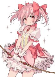 Rule 34 | 1girl, absurdres, artist name, bow, dress, gloves, hair bow, haruki (colorful macaron), highres, kaname madoka, looking at viewer, mahou shoujo madoka magica, pink bow, pink dress, pink eyes, pink hair, short hair, smile, solo, sparkle, thighs, white background, white gloves