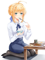 Rule 34 | 1girl, absurdres, ahoge, artoria pendragon (all), artoria pendragon (fate), bad id, bad pixiv id, black pantyhose, blonde hair, blue ribbon, blue skirt, blush, bowl, braid, breasts, commentary request, dress, eating, fate/grand order, fate (series), fish, food, food on face, green eyes, hair ribbon, highres, kneeling, long sleeves, looking at viewer, medium breasts, no shoes, pantyhose, pencil skirt, ribbon, rice, rice bowl, rice on face, saber (fate), shirt, short hair, simple background, skirt, solo, table, white background, white shirt, zipgaemi