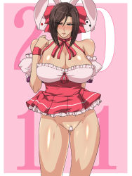 Rule 34 | 10s, 1girl, 2011, animal ears, bandaid, bandaid on pussy, blush, breasts, cameltoe, character request, cleavage, cleft of venus, clothes lift, cosplay, di gi charat, dress, dress lift, greco roman (spiral brain), huge breasts, looking at viewer, maebari, no bra, no panties, pussy, rabbit ears, short dress, solo, standing, uncensored