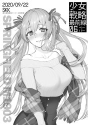 Rule 34 | 1girl, arm up, bare shoulders, black skirt, blush, breasts, character name, cleavage, collarbone, girls&#039; frontline, greyscale, hair ribbon, hand in own hair, highres, long hair, long sleeves, looking at viewer, medium breasts, monochrome, off-shoulder sweater, off shoulder, open mouth, plaid, plaid scarf, ribbon, scarf, shoukaki (earthean), skirt, smile, solo, springfield (girls&#039; frontline), standing, sweater, teeth, twintails, upper body