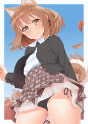 Rule 34 | 1girl, animal ear fluff, animal ears, autumn leaves, black panties, blouse, commentary request, day, dog ears, dog tail, highres, original, outdoors, panties, shirt, solo, tachimi (basue), tail, underwear, white shirt