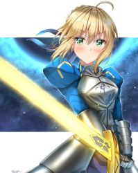 Rule 34 | 1girl, ahoge, armor, armored dress, artoria pendragon (all), artoria pendragon (fate), blonde hair, blouse, blue ribbon, blush, breasts, commentary request, dress, excalibur (fate/stay night), fate/grand order, fate/stay night, fate (series), gauntlets, green eyes, hair between eyes, hair ribbon, holding, holding sword, holding weapon, long sleeves, looking at viewer, ponytail, puffy sleeves, ribbon, saber (fate), shirt, short hair, skirt, solo, sunsun2812, sword, weapon