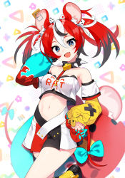 Rule 34 | 1girl, :d, animal ear fluff, animal ears, asymmetrical sleeves, bare shoulders, black collar, black footwear, black hair, blue bow, blue eyes, blue sleeves, bow, collar, commentary, crop top, dice hair ornament, fang, hair between eyes, hair ornament, hakos baelz, head tilt, hololive, hololive english, kutata, layered sleeves, long sleeves, looking at viewer, midriff, mismatched sleeves, mouse ears, mouse girl, mouse tail, mousetrap, multicolored hair, navel, open mouth, puffy long sleeves, puffy sleeves, red hair, shirt, shoes, short over long sleeves, short sleeves, skirt, sleeves past wrists, smile, socks, solo, spiked collar, spikes, standing, standing on one leg, streaked hair, tail, tail bow, tail ornament, twintails, virtual youtuber, white background, white hair, white shirt, white skirt, white sleeves, yellow sleeves, yellow socks
