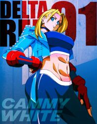 Rule 34 | 1girl, abs, beefy kunoichi, blonde hair, blue eyes, breasts, cammy white, crop top, cropped jacket, hand on own hip, highres, large breasts, long sleeves, looking at viewer, pants, scar, scar on face, short hair, street fighter, street fighter 6