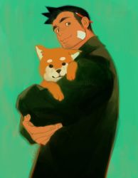 Rule 34 | 1boy, animal, artist name, bandaid, bandaid on face, object behind ear, black hair, closed mouth, commentary, crossed arms, dog, english commentary, facial hair, green background, green eyes, green jacket, ace attorney, holding, holding animal, holding dog, dick gumshoe, jacket, looking at viewer, male focus, missile (ace attorney), mr kasuy, pencil, shiba inu, short hair, sideburns, smile