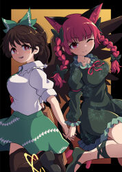 2girls absurdres animal_ears black_border black_wings boots border breasts bright_pupils cat_ears cat_girl chups closed_mouth commentary dress extra_ears green_dress green_footwear green_skirt highres holding_hands kaenbyou_rin leg_ribbon long_sleeves multiple_girls one_eye_closed open_mouth red_eyes reiuji_utsuho ribbon shirt short_sleeves skirt smile touhou white_pupils white_shirt wings