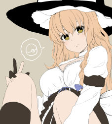 Rule 34 | 1girl, black gloves, black hat, blonde hair, blue bow, blush, bow, braid, breasts, cleavage, closed mouth, commentary request, cookie (touhou), creatures (company), expressionless, feet out of frame, flat color, game freak, gloves, grey background, hair between eyes, hair bow, hat, kirisame marisa, large breasts, long hair, long sleeves, looking at viewer, marine (46586031), mars (cookie), nintendo, partially fingerless gloves, poke ball, pokemon, shirt, simple background, single braid, solo, spoken object, touhou, white shirt, witch hat, yellow eyes
