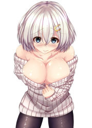 Rule 34 | 10s, 1girl, bare shoulders, blue eyes, blush, breasts, cleavage, cowboy shot, eyebrows, eyes visible through hair, hair ornament, hair over one eye, hairclip, hamakaze (kancolle), kantai collection, large breasts, long sleeves, pantyhose, re:ia, ribbed sweater, short hair, silver hair, simple background, solo, sweater, white background