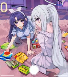 Rule 34 | 2girls, ?, absurdres, artist name, blue archive, blue pajamas, blush, breasts, checkered floor, closed mouth, food, grey hair, halo, heart, highres, je o mo, kinoko no yama, kneeling, long hair, long sleeves, mechanical halo, medium breasts, multiple girls, noa (blue archive), official alternate costume, open mouth, pajamas, pocky, ponytail, purple eyes, purple hair, short sleeves, sketch, smile, white pajamas, yuuka (blue archive)