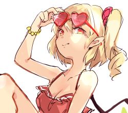 Rule 34 | 1girl, adjusting eyewear, arm up, bikini, blonde hair, breasts, cleavage, closed mouth, eyewear on head, fang, flandre scarlet, hair between eyes, hand up, heart, heart-shaped eyewear, looking at viewer, looking to the side, one side up, paragasu (parags112), pointy ears, red bikini, red eyes, short hair, simple background, smile, solo, sunglasses, swimsuit, touhou, upper body, white background