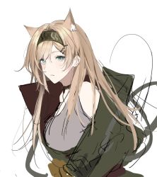 Rule 34 | 1girl, animal ears, arknights, bare shoulders, black hairband, black jacket, blonde hair, blue eyes, grey tank top, hairband, highres, horn (arknights), jacket, joshua (shisanli934), long hair, looking at viewer, off shoulder, parted lips, simple background, solo, tank top, upper body, white background, wolf ears