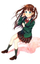 Rule 34 | 1girl, :o, blazer, blue eyes, bow, bowtie, brown footwear, brown hair, dress shirt, floating hair, green jacket, green legwear, hair ribbon, highres, invisible chair, jacket, kotori (gokigen iori), loafers, long hair, long sleeves, looking at viewer, miniskirt, open mouth, original, pleated skirt, red bow, ribbon, school uniform, shirt, shoes, simple background, sitting, skirt, solo, striped bow, striped bowtie, striped clothes, striped neckwear, twintails, very long hair, white background, white ribbon, white shirt