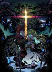Rule 34 | 1boy, 1girl, absurdres, aqua eyes, arm around waist, armor, bad id, bad twitter id, blonde hair, bracer, bridal gauntlets, bug, butterfly, cape, commentary request, cowboy shot, dress, flower, gauntlets, gloves, glowing, glowing eyes, glowing sword, glowing weapon, hair flower, hair ornament, hero (sd1), heroine (seiken densetsu 1), highres, himukai yuuji, holding, holding sword, holding weapon, inactive account, insect, long hair, looking at viewer, mountainous horizon, outdoors, outstretched arm, partially submerged, plant, red hair, river, seiken densetsu, seiken densetsu 1, sleeveless, sleeveless dress, standing, sword, vines, wading, water, weapon, white dress, white gloves
