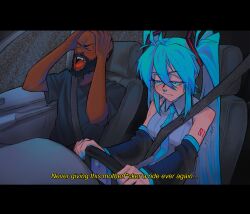 Rule 34 | 1boy, 1girl, absurdres, artist name, blue eyes, car interior, censored, censored text, closed eyes, closed mouth, death grips, detached sleeves, driving, english text, expressionless, facial hair, grey shirt, hair between eyes, hand on own head, hatsune miku, highres, long hair, mc ride, necktie, number tattoo, parody, profanity, real life insert, sainttufa, screaming, seatbelt, shirt, sitting, steering wheel, tattoo, twintails, very long hair, vocaloid