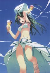 Rule 34 | 00s, 1girl, :d, absurdres, bikini, blue sky, cameltoe, cloud, day, female focus, food, foot out of frame, foreshortening, from below, girl&#039;s avenue, gluteal fold, highres, holding, holding food, ice cream, ice cream cone, legs apart, looking at viewer, megami magazine, murakami suigun, natsuiro no sunadokei, one eye closed, open mouth, panties, pantyshot, sarong, side-tie bikini bottom, sky, smile, solo, striped clothes, striped sarong, swimsuit, tareme, underwear, waffle cone, white bikini, white sarong