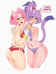 Rule 34 | 2girls, amy rose, animal ears, ass, bikini, bikini shorts, blaze the cat, blush, cat ears, cat girl, cat tail, commentary, cropped legs, english commentary, green eyes, highres, holding hands, humanization, kamii momoru, multiple girls, personification, ponytail, purple bikini, red bikini, short hair, shorts, sketch, smile, sonic (series), swimsuit, tail, thighs, v-shaped eyebrows, yellow eyes