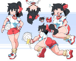 Rule 34 | 1girl, ass, ball, black eyes, black hair, black nails, bow, breasts, closed eyes, crab, hair bow, highres, long hair, lucia (scott malin), medium breasts, multiple views, name tag, open mouth, original, ponytail, red bow, red shorts, scott malin, shirt, shirt tucked in, shoes, shorts, socks, standing, upside-down, volleyball, volleyball (object), white footwear, white shirt, yellow socks