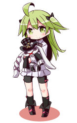 Rule 34 | 1girl, 7th dragon (series), 7th dragon iii, ahoge, bike shorts, black bow, black footwear, black shorts, black socks, blush, bow, character request, closed mouth, colored shadow, commentary request, full body, green eyes, green hair, grey hat, hair bow, hat, hugging object, jacket, kneehighs, long hair, looking at viewer, miniskirt, naga u, pink bow, pleated skirt, shadow, short shorts, shorts, skirt, smile, socks, solo, standing, stuffed animal, stuffed rabbit, stuffed toy, top hat, two side up, very long hair, white background, white jacket, white skirt