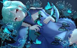 Rule 34 | bad id, bad pixiv id, black background, blue dress, blush, breasts, bug, butterfly, butterfly on hand, butterfly on head, detached collar, detached sleeves, double bun, dress, earrings, expressionless, flower, glint, green hair, hair bun, hair ornament, hololive, insect, jewelry, leg lift, light particles, lotus, lying, nibosi, on back, red eyes, short hair, skull earrings, skull hair ornament, small breasts, solo, strapless, strapless dress, transparent flower, uruha rushia, uruha rushia (1st costume), virtual youtuber
