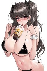 Rule 34 | 1girl, alternate breast size, bare arms, bare shoulders, bikini, black bikini, black hair, black ribbon, blush, breasts, bubble tea, bubble tea challenge, cleavage, cup, disposable cup, drinking straw, earrings, fate/grand order, fate (series), hair ribbon, hands up, highres, hoop earrings, ishtar (fate), ishtar (fate), jewelry, large breasts, long hair, navel, nose blush, red eyes, ribbon, simple background, solo, stomach, strap gap, string bikini, suou-sensei, swimsuit, two side up, upper body, wavy hair, white background, wrist cuffs