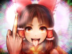 Rule 34 | 1girl, benikurage (cookie), blush, bow, brown eyes, brown hair, commentary request, cookie (touhou), dress, fangs, frilled hair tubes, frills, hair bow, hair tubes, hakurei reimu, khn (kihana), looking at viewer, medium hair, middle finger, open mouth, orange scarf, parted bangs, portrait, red bow, red dress, scarf, sleeveless, sleeveless dress, slit pupils, smile, solo, tongue, tongue out, touhou, yellow scarf