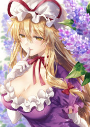 Rule 34 | 1girl, arm at side, arm behind back, blonde hair, blurry, blurry background, breasts, choker, cleavage, closed mouth, collarbone, day, dress, elbow gloves, eyelashes, finger to mouth, flower request, frilled dress, frilled sleeves, frills, from side, gloves, half-closed eyes, hat, hat ribbon, highres, kirisita, large breasts, light particles, long hair, looking down, looking past viewer, looking to the side, mob cap, outdoors, pink lips, puffy short sleeves, puffy sleeves, purple dress, red ribbon, ribbon, ribbon choker, short sleeves, smile, solo, standing, touhou, upper body, very long hair, white gloves, white hat, yakumo yukari, yellow eyes