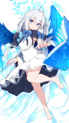 Rule 34 | 1girl, aqua eyes, barefoot, blue bow, blue wings, blush, book, bow, e-note, hair bow, hair ornament, highres, long hair, looking at viewer, low twintails, magic, original, simple background, solo, twintails, white background, white hair, wings