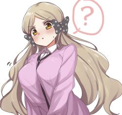 Rule 34 | 1girl, ?, alternate breast size, between breasts, blonde hair, blush, breasts, handa roco, highres, idolmaster, idolmaster million live!, large breasts, long hair, looking down, parted bangs, pink shirt, pocchari, shirt, simple background, solo, spoken question mark, strap between breasts, twintails, upper body, very long hair, yellow eyes