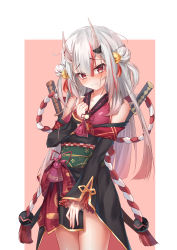 Rule 34 | 1girl, absurdres, bell, blush, breasts, commentary request, hair ornament, highres, hololive, horns, japanese clothes, long hair, nakiri ayame, nakiri ayame (1st costume), qinshi-ji, red eyes, sheath, sheathed, silver hair, simple background, skin-covered horns, small breasts, solo, virtual youtuber, weapon