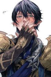 Rule 34 | 1boy, armor, aymeric de borel, black gloves, black hair, blue eyes, blue sash, blush, cho kuuki, earclip, elbow gloves, elezen, elf, final fantasy, final fantasy xiv, fingerless gloves, from below, gloves, hand on own face, hand up, looking at viewer, male focus, pauldrons, pointy ears, sash, short hair, shoulder armor, shy, simple background, solo, sweatdrop, upper body, white background