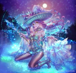 Rule 34 | 1girl, bare shoulders, boots, breasts, cleavage, colored skin, company name, flower, full body, full moon, green eyes, gyakushuu no fantasica, hat, jewelry, leaf, long hair, moon, murayama (u k), navel, necklace, night, official art, panties, pink skin, purple hair, sitting, solo, sparkle, staff, tree, underwear, water, witch hat