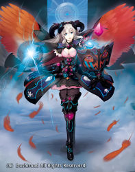 Rule 34 | 10s, 1girl, blue eyes, book, boots, breasts, cardfight!! vanguard, cleavage, company name, decipherer of prohibited books, electricity, feathered wings, feathers, full body, gem, gloves, horns, long hair, looking at viewer, medium breasts, official art, open mouth, pantyhose, saitou takeo, silver hair, solo, standing, wings