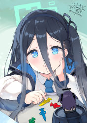 Rule 34 | 1girl, absurdres, aqua halo, aris (blue archive), black hair, black hairband, blue archive, blue eyes, blue necktie, blush, closed mouth, collared shirt, commentary request, hair between eyes, hairband, halo, hand up, highres, jacket, long hair, long hair between eyes, long sleeves, looking at viewer, necktie, ochinsama, one side up, open clothes, open jacket, pop-up pirate, puffy long sleeves, puffy sleeves, rectangular halo, shirt, signature, sleeves past wrists, smile, solo, twitter username, white jacket, white shirt, yuuka (blue archive)