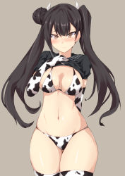Rule 34 | 1girl, animal print, asymmetrical hair, bikini, black bikini, black hair, black shirt, blush, breasts, brown eyes, clothes lift, commentary request, cow print, cow print bikini, elbow gloves, fake horns, girls&#039; frontline, gloves, grey background, hair bun, highres, horns, looking at viewer, medium breasts, navel, nose blush, ouroboros (girls&#039; frontline), print bikini, print gloves, print thighhighs, sangue llia, sangvis ferri, shirt, shirt lift, single hair bun, skindentation, solo, sweatdrop, swimsuit, thighhighs, thighs, twintails, two-tone bikini, two-tone gloves, white bikini