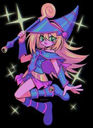 Rule 34 | 1girl, blonde hair, blue footwear, blue hat, blue leotard, blush stickers, dark magician girl, duel monster, full body, green eyes, hat, highres, holding, holding wand, leotard, long hair, looking at viewer, menma (enaic31), showgirl skirt, solo, sparkle, very long hair, wand, wizard hat, yu-gi-oh!