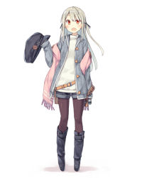 Rule 34 | 1girl, bag, blush, boots, buttons, cabbie hat, camera, fanny pack, full body, hat, holding, holding clothes, holding hat, jacket, long hair, long sleeves, looking at viewer, open mouth, original, pantyhose, pink scarf, poco (asahi age), red eyes, scarf, shorts, simple background, smile, solo, standing, unworn hat, unworn headwear, white background, white hair