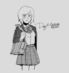 Rule 34 | 1girl, bag, blazer, bow, bowtie, closed mouth, commentary, english commentary, english text, genderswap, genderswap (mtf), grey background, greyscale, hanazawa teruki, highres, holding strap, jacket, kyokyeo, long sleeves, looking at viewer, mob psycho 100, monochrome, pleated skirt, school bag, school uniform, shirt, short hair, simple background, sketch, skirt, smile, solo, standing