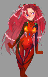 Rule 34 | 1girl, alternate hairstyle, artist request, blush, bodysuit, cosplay, crossover, embarrassed, eyelashes, grey background, headgear, highres, long hair, looking to the side, neon genesis evangelion, pilot suit, plugsuit, precure, purple eyes, red bodysuit, red hair, simple background, solo, source request, souryuu asuka langley (cosplay), standing, takizawa asuka, tropical-rouge! precure, wide hips