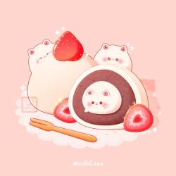Rule 34 | :3, animal ears, animal focus, brown eyes, cat, cat ears, closed eyes, closed mouth, commentary, english commentary, food, food focus, fork, fruit, lace, light blush, mochi, napkin, no humans, open mouth, original, pink background, shadow, shirley (chiai tea), smile, solid circle eyes, sparkle, strawberry, strawberry slice, twitter username, watermark, white cat